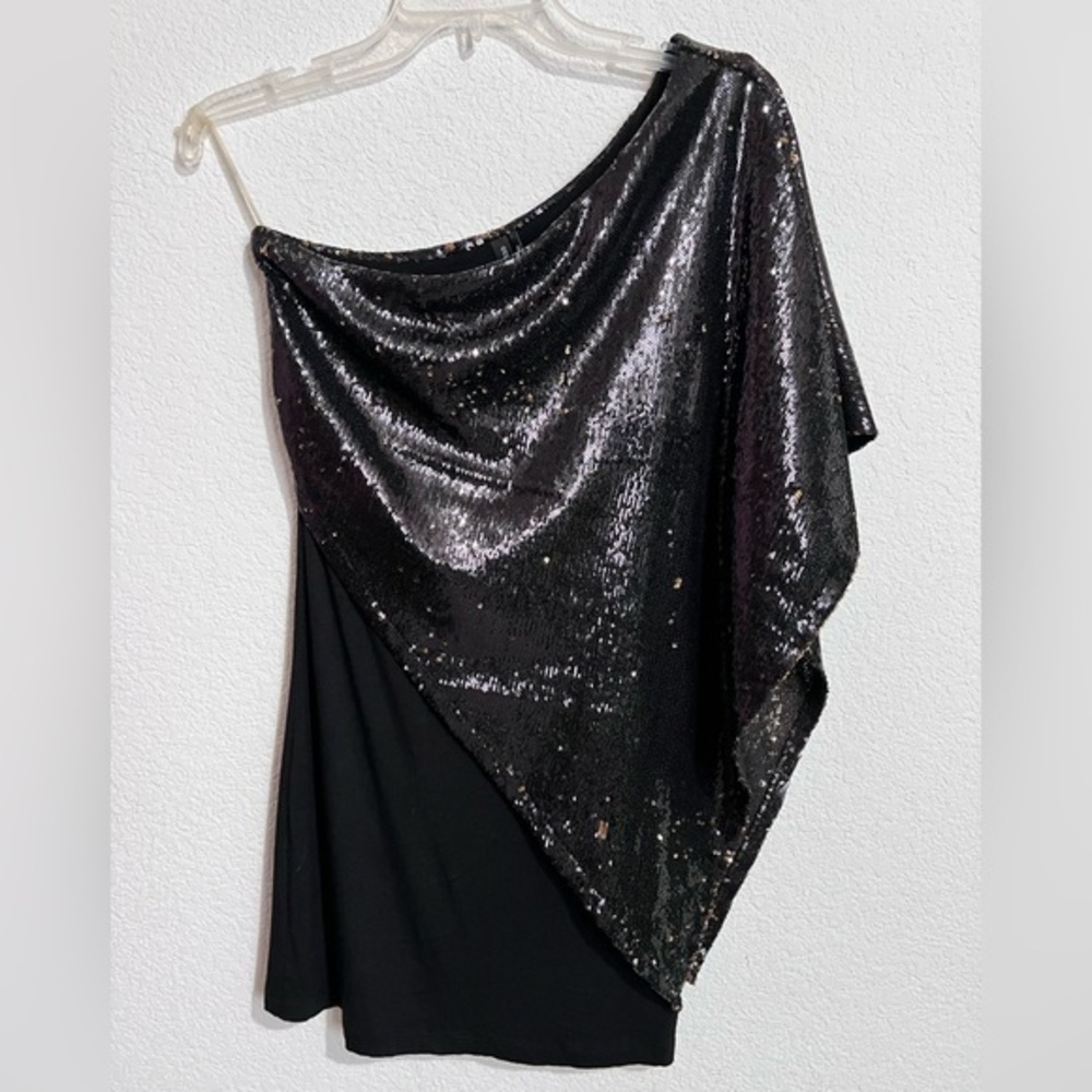 Guess by Marciano LBD Black Fitted Dress Symmetrical Sequin One Shoulder Shawl S